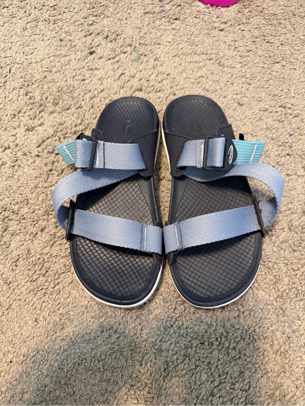 Chaco Light Blue and Navy Webbing Buckle Sandals